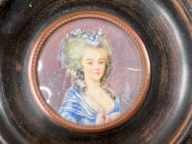 Miniature ancienne – Portrait de dame XVIIIe – Signée A. Grimout Garnier – Cadre