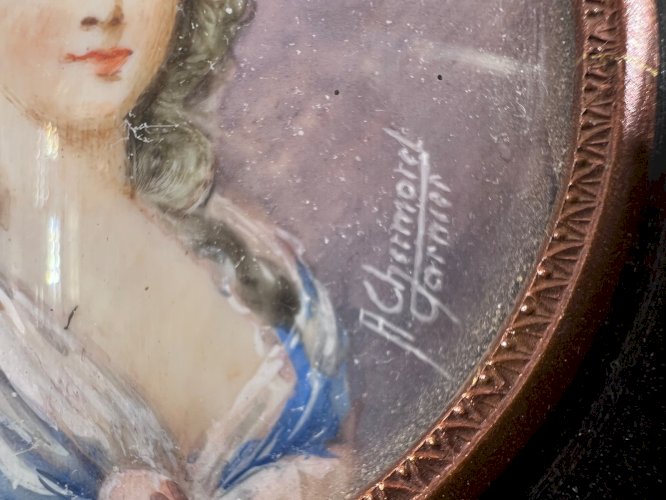 Miniature ancienne – Portrait de dame XVIIIe – Signée A. Grimout Garnier – Cadre