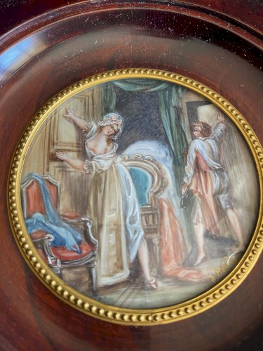 Miniature ancienne signée, De Bouillis, Scène érotique, cadre en bois acajou.