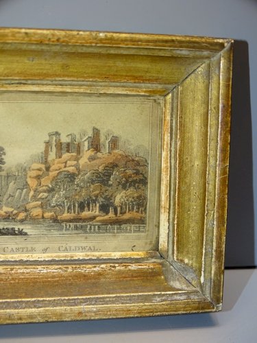 -MINIATURE ENCADREE GRAVURE CASTLE OF CALDWAL SOUS VERRE CADRE BOIS DORE  D