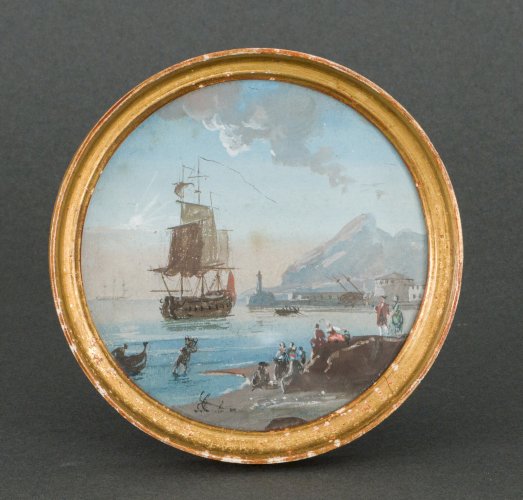 Miniature galion et scène de port cadre en bois doré A4978