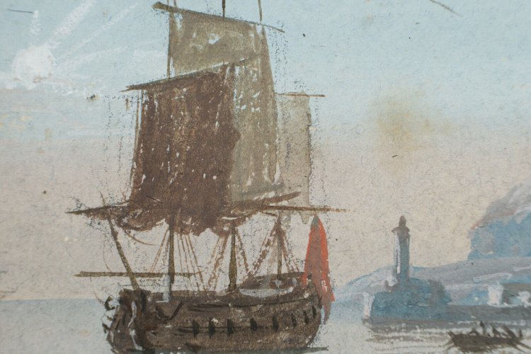 Miniature galion et scène de port cadre en bois doré A4978