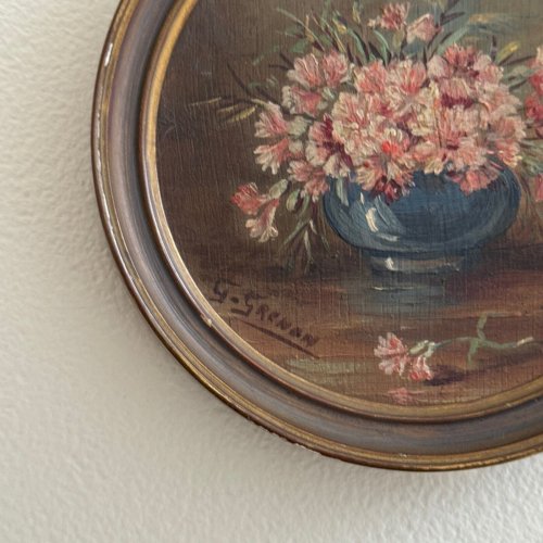 Miniature ronde par G. Grenon bouquet de fleurs début XXe M3437