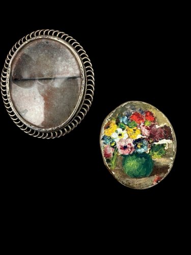 miniature signée Lagard-Peinture à l’huile–empâtement -broche Argent - Florale