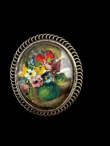 miniature signée Lagard-Peinture à l’huile–empâtement -broche Argent - Florale