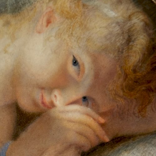 Miniature XIXe jeune fille la tête reposant sur un coussin A5627