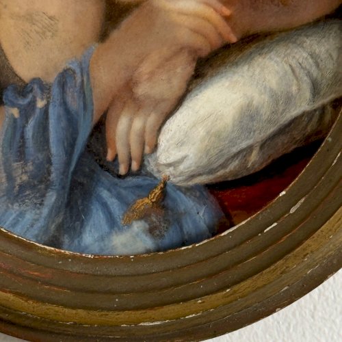 Miniature XIXe jeune fille la tête reposant sur un coussin A5627