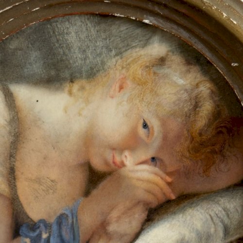 Miniature XIXe jeune fille la tête reposant sur un coussin A5627