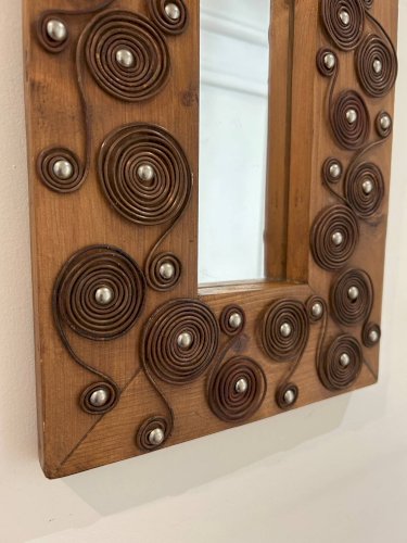 miroir brutaliste en bois et métal 1970
