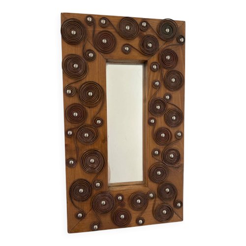 miroir brutaliste en bois et métal 1970