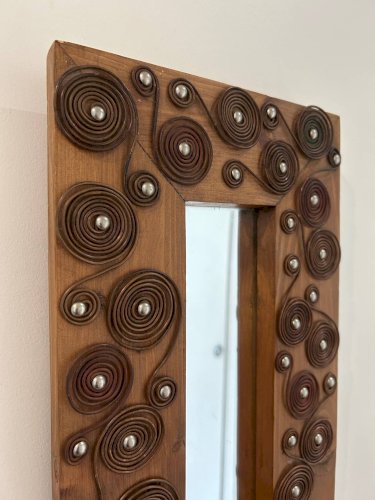 miroir brutaliste en bois et métal 1970