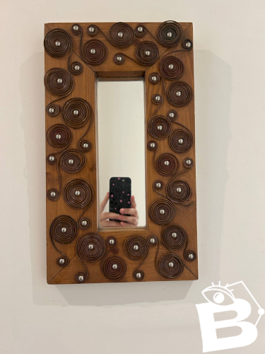 miroir brutaliste en bois et métal 1970