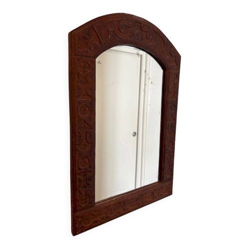 miroir en cuir repoussé années 70