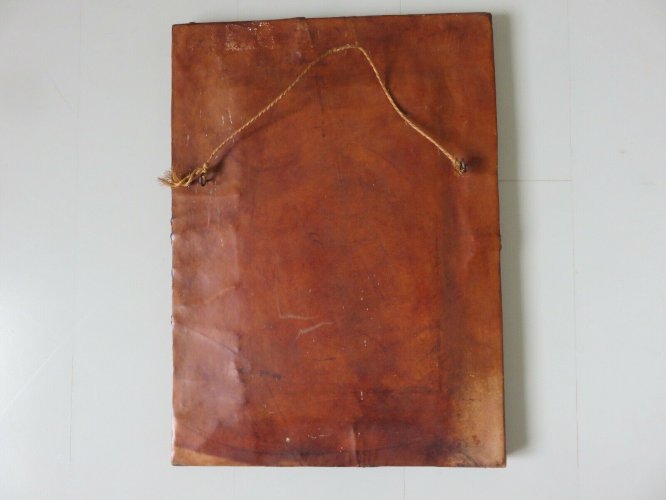 MIROIR MURAL EN CUIR DRAPE COULEUR FAUVE ANNEES 60 70 VINTAGE