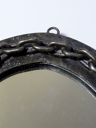 Miroir mural ovale vintage années 60 fer forgé et battu brutaliste chaine