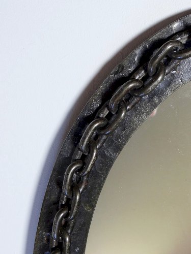 Miroir mural ovale vintage années 60 fer forgé et battu brutaliste chaine