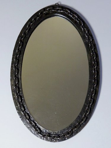 Miroir mural ovale vintage années 60 fer forgé et battu brutaliste chaine