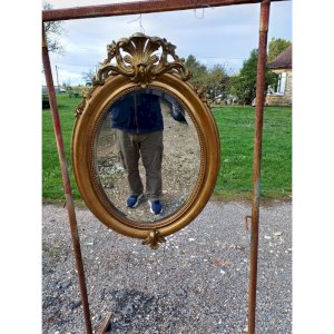 Oval Wood Mirror with Gilded Stucco 19th Century