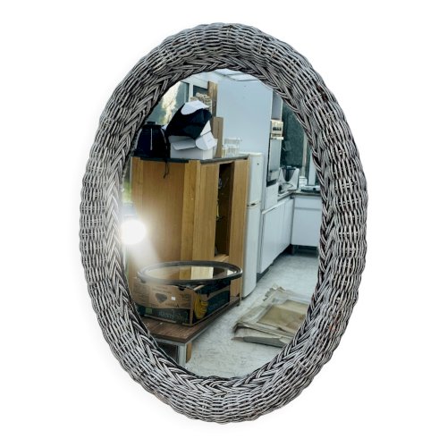 Miroir ovale vintage en osier tressé années 60
