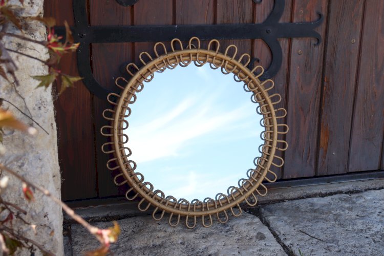 Miroir rond rotin par Franco Albini 1950