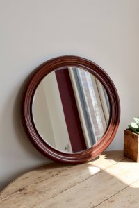 Miroir rond vintage cadre effet bois acajou