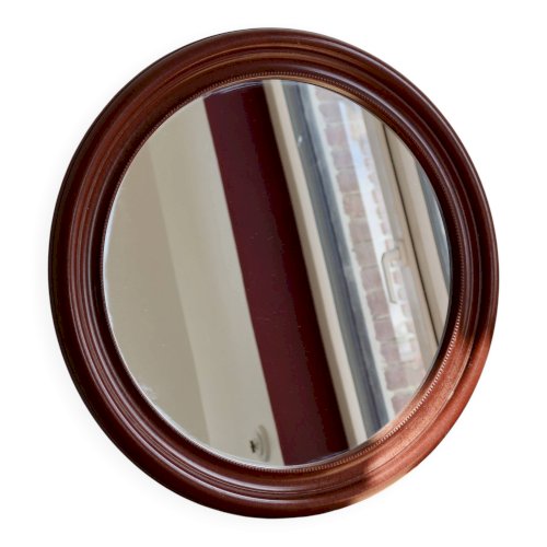 Miroir rond vintage cadre effet bois acajou
