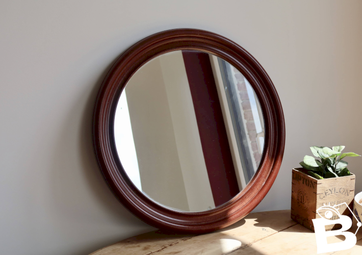 Miroir rond vintage cadre effet bois acajou