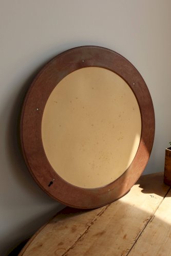 Miroir rond vintage cadre effet bois acajou
