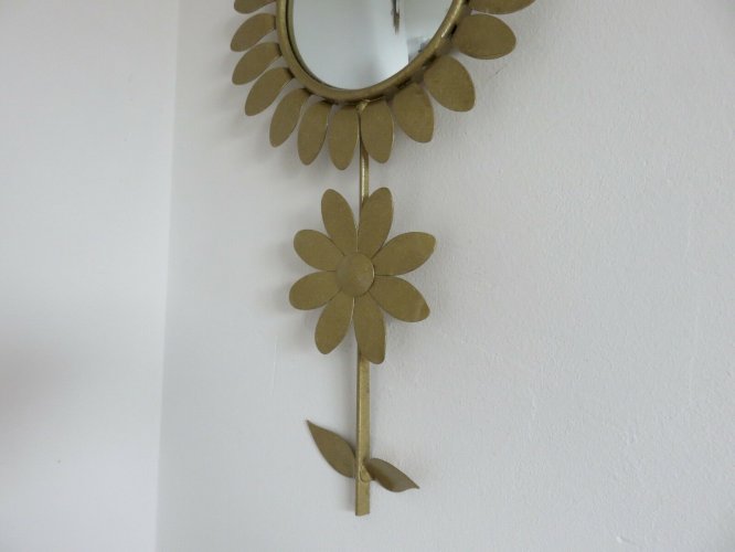 MIROIR SOLEIL FLEUR  OEIL DE SORCIERE  EN METAL DORE ANNEES 60 70 VINTAGE