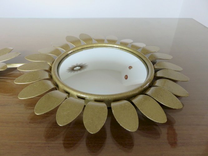MIROIR SOLEIL FLEUR  OEIL DE SORCIERE  EN METAL DORE ANNEES 60 70 VINTAGE