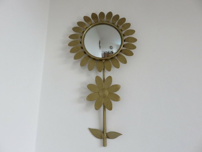 MIROIR SOLEIL FLEUR  OEIL DE SORCIERE  EN METAL DORE ANNEES 60 70 VINTAGE