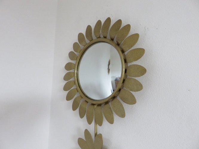 MIROIR SOLEIL FLEUR  OEIL DE SORCIERE  EN METAL DORE ANNEES 60 70 VINTAGE