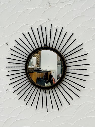 Miroir soleil vintage en métal noir et doré années 60