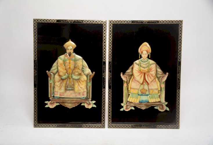 Monumental 1950s Chinese Jade Inlay Imperial Wall Panels Pair Regency