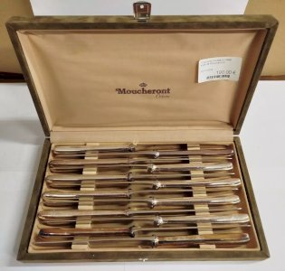 MOUCHEROND 12 Large KNIVES Silver Metal Goldsmith Cutlery Box CVA 30/12