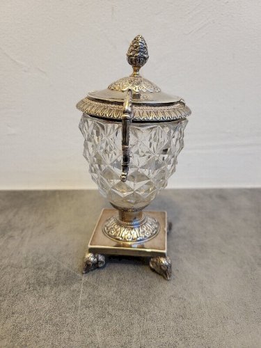MOUTARDIER EN ARGENT MASSIF CRISTAL POINCONS TETE DE CERES ET VIEILLARD DE 271 g