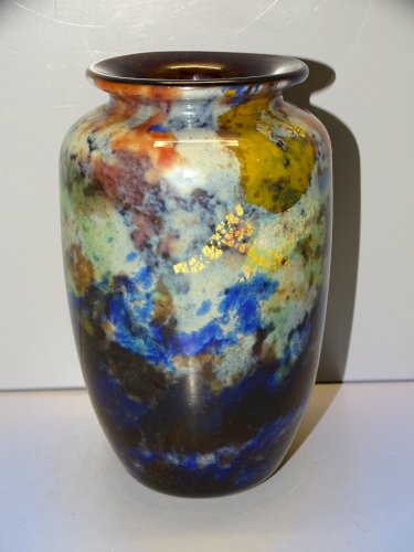 -MULLER Fres LUNEVILLE VASE VERRE Doublé MOTIFS Bigarés INCLUSIONS OR & ARGENT