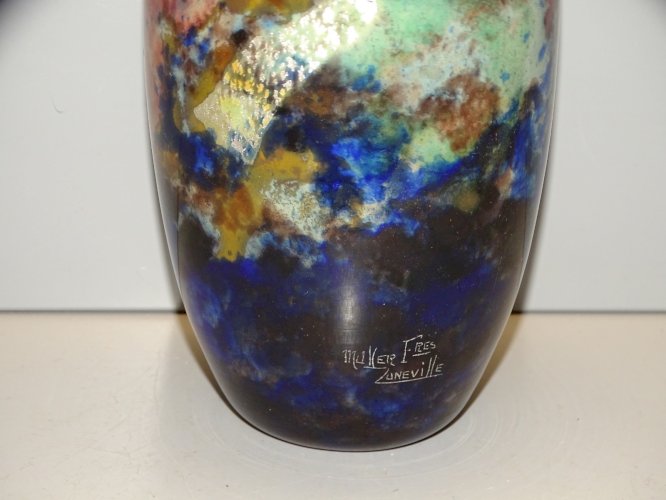 -MULLER Fres LUNEVILLE VASE VERRE Doublé MOTIFS Bigarés INCLUSIONS OR & ARGENT