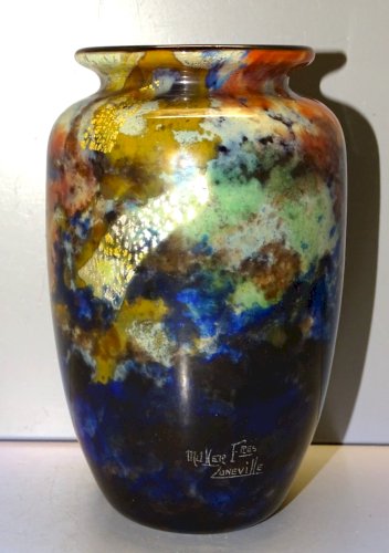 -MULLER Fres LUNEVILLE VASE VERRE Doublé MOTIFS Bigarés INCLUSIONS OR & ARGENT