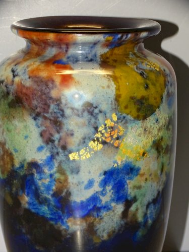 -MULLER Fres LUNEVILLE VASE VERRE Doublé MOTIFS Bigarés INCLUSIONS OR & ARGENT