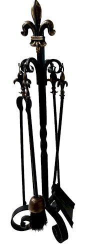 Necessaire de cheminée en fer forgé et bronze XX siècle