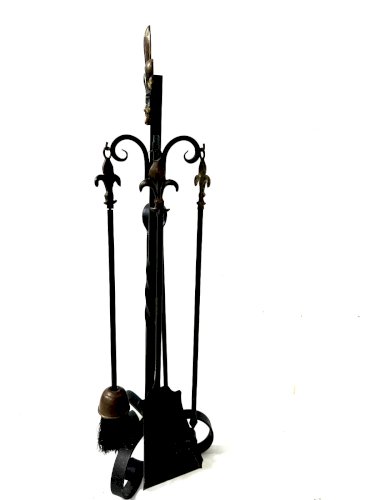 Necessaire de cheminée en fer forgé et bronze XX siècle