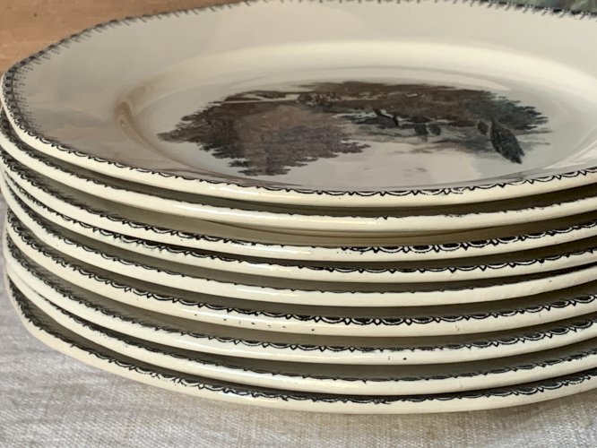 Neuf assiettes à dessert anciennes Boch La Louvière 1920s 