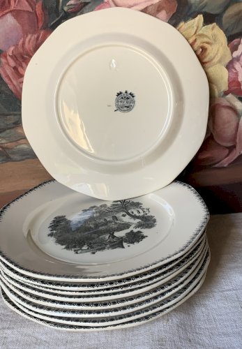 Neuf assiettes à dessert anciennes Boch La Louvière 1920s 