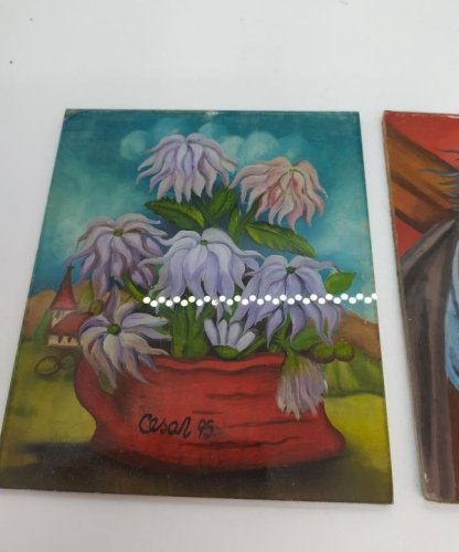 Original lot de 2 peintures sur verre signees CESAR 95 en bon etat(made in chiner )