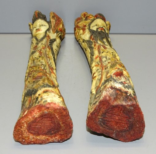 -OS POLYCHROME 2 ANCIENNES  STATUETTES CHINOISES HOMMES & FEMME OS SCULPTE   D