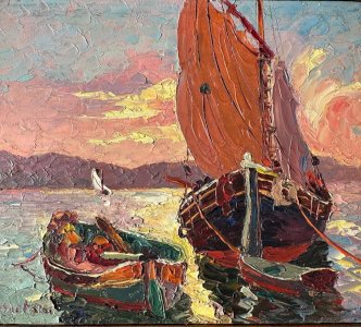 OSIETZKI (19TH-20TH CENTURY) Oil on panel Boats at Sunset / Marine