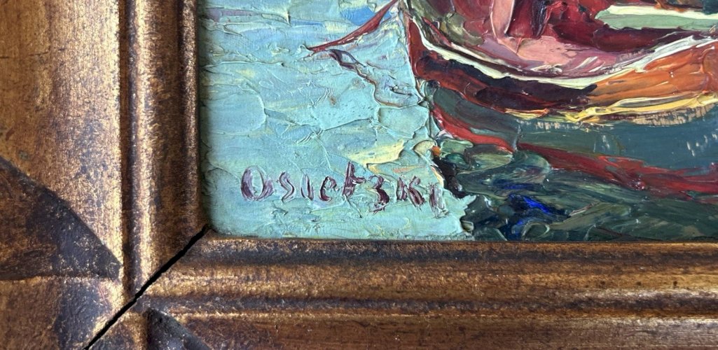 OSIETZKI (XIX-XXE SIÈCLE) Huile sur panneau Bateaux au Couché du Soleil / Marine