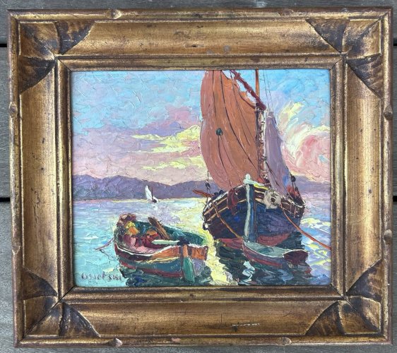 OSIETZKI (XIX-XXE SIÈCLE) Huile sur panneau Bateaux au Couché du Soleil / Marine