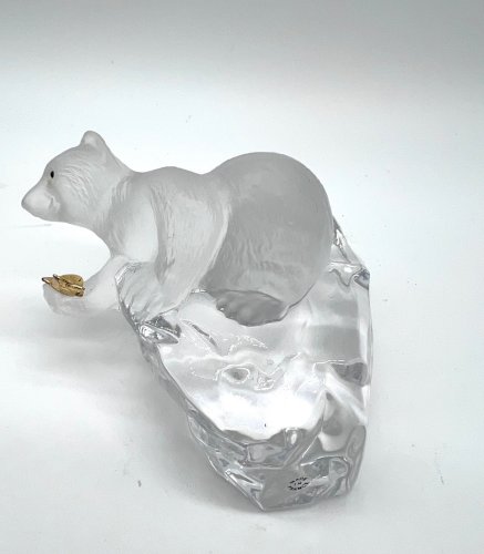 Ours cristal Fabergé Feerie Banquise poisson doré signé France 11cm